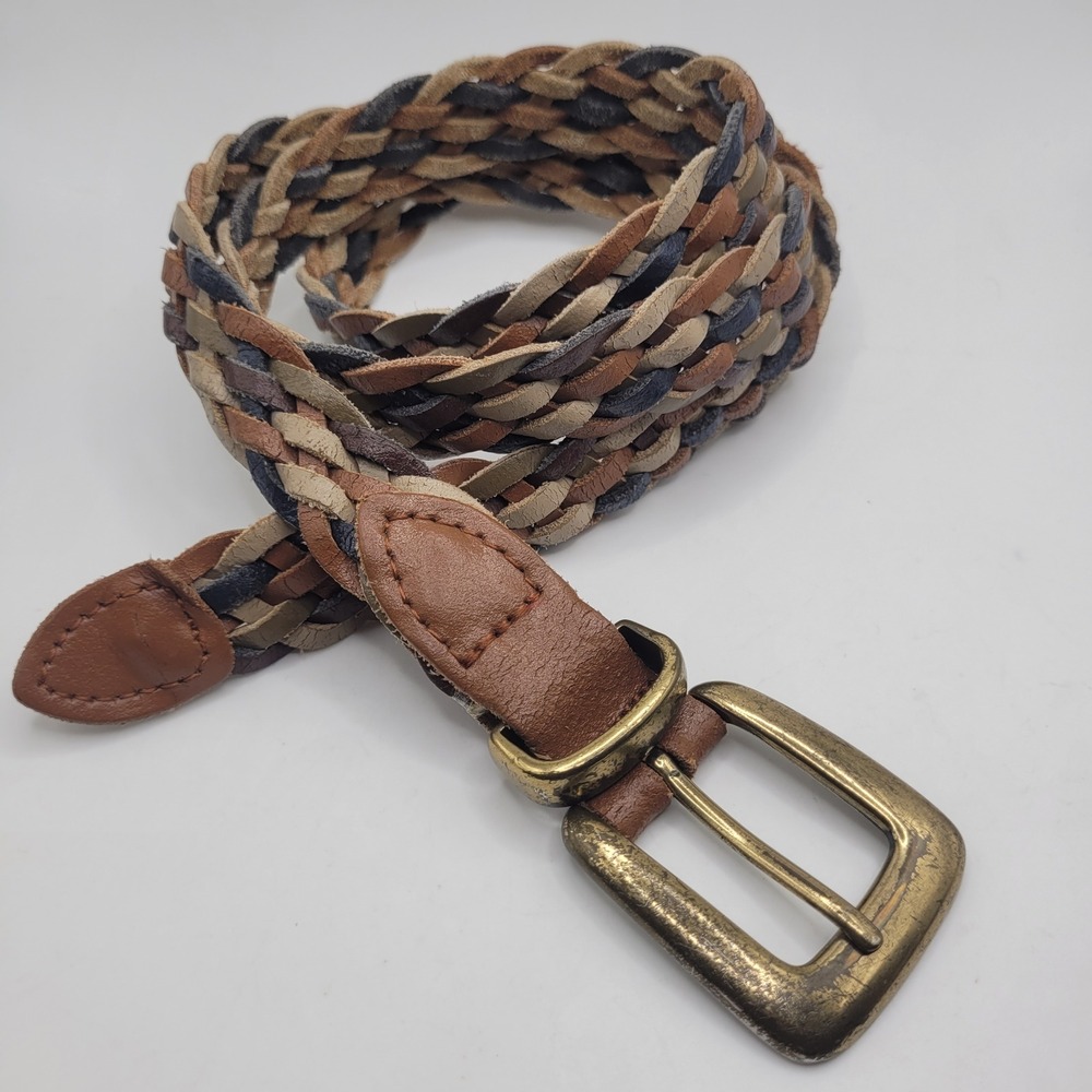Colorful Leather Belt Sml Braided Woven Western Boho Artisan Neutral Rustic VTG